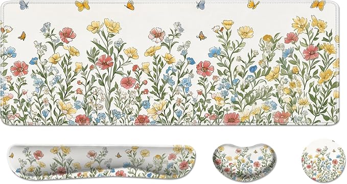 Desk Pad and Keyboard Wrist Rest, Large Mouse Pad + Keyboard Pad+Mouse Wrist Support, Non-Slip Desk Mat Protector for Office, Home 31.5×11.8 Inches Spring Floral by AFUZLE