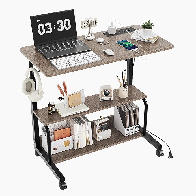 FCH 31.5" Mobile Small Standing Desk, Adjustable Height Mobile Computer Desk, w/2 AC Outlets + 3 USB Ports & Hooks, Storage Shelves, Suitable for Gaming, Studying, Home Office, Gray by FCH