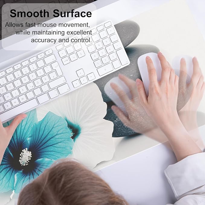 QiyI PU Leather Large Mouse Pad, Office Decor, 31.5" x 11.8", Blue Hibiscus | Desk Décor Accessories, Extended Size, Waterproof & Easy to Clean, Smooth Surface, Non Slip Desk Organization, Floral Pebble - Image 4
