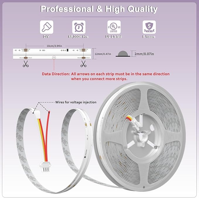 MIWISE RGB Smart IC COB LED Strip Light,20ft Color Chasing Flexible DC24V LED Tape Light,WS2811 Addressable RGB Ribbon,for Party/Home/Office DIY Lighting Projects(Power Supply&Controller NOT Included) - Image 8