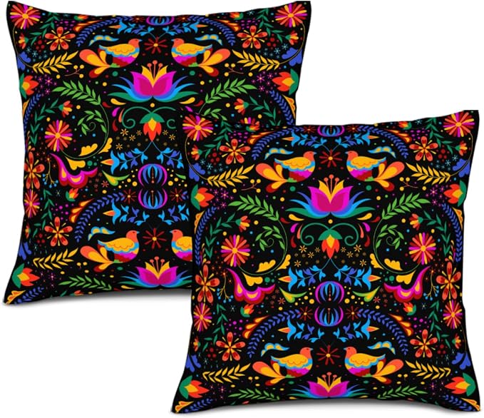 Mexican Pillow Covers 18"x18" Set of 2 Mexican Flower Decorative Throw Pillow Cases for Couch Bed Sofa Cushion Cover Mexican Living Room Decor by Unknown