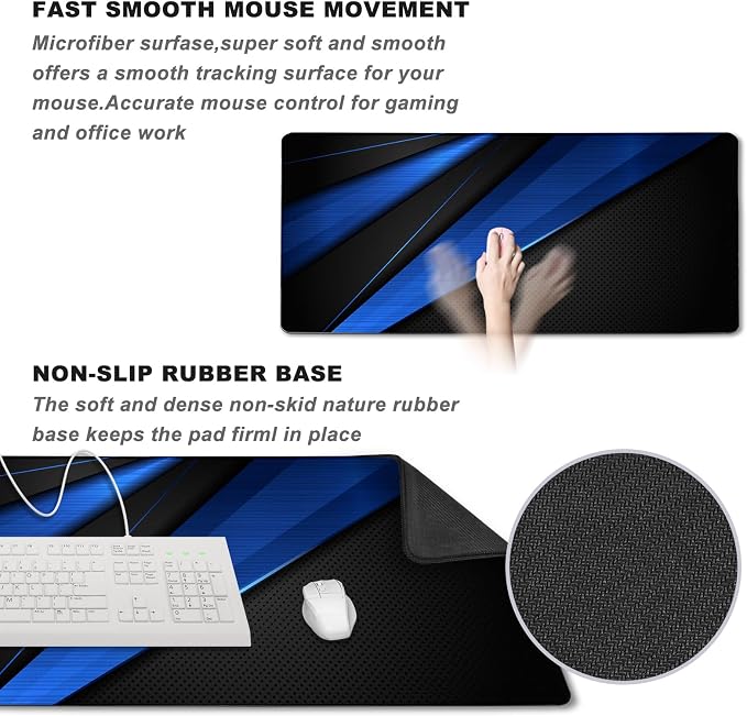 Desk Pad Large Gaming Mouse Pad Extended Keyboard Mouse Mat, Black Blue | Non-Slip Rubber Base & Stitched Edge for Computers Laptop Desk Home Office Accessories - Image 5
