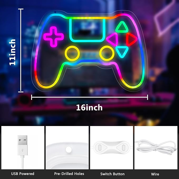Qusea Gamer Neon Sign Gamepad Shaped RGB LED Neon Lights Gaming Sign USB Powered Game Gift for Boys Bedroom Gamer Room Wall Decor - Image 6