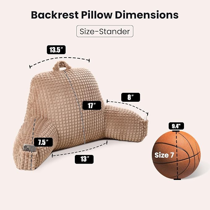 Reading Pillow with Arms for Sitting in Bed,Backrest,Khaki Flannel,M | 17" Backrest with Arms Supports Back for College Students,Elbows & Forearms for Dorm Reading,Gaming,Watching TV - Image 3