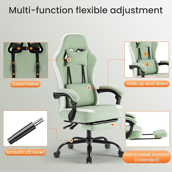 Sweetcrispy Gaming Chair, Ergonomic Computer Desk Chair, Lumbar Support | High Back Ergonomic Footrest, Height Adjustable Linkage Armrests Headrest, 360 Swivel Wheels Fabric, Green - Image 9