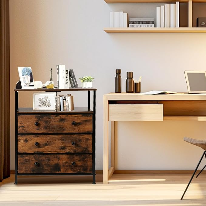 3-Drawer LED Nightstand with Charging Station, Rustic Brown - Image 8