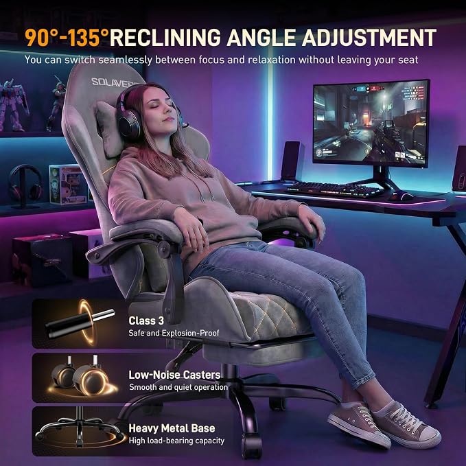 HLDIRECT Massage Recliner Gaming Chair with Footrest for Adults, Light Grey | 300lbs Capacity, Ergonomic Office Computer Chair, Lumbar Support, Breathable Fabric, Headrest, 360° Swivel, Metal Frame - Image 4