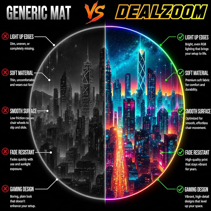 Gaming Chair Mat for Hardwood Floor Circle RGB Gaming Lights (Future City 47”) - Noise Cancelling, Anti-Slip Gamer Floor Mat – Scratch Resistant Computer Gaming Mat for Chair - Image 3