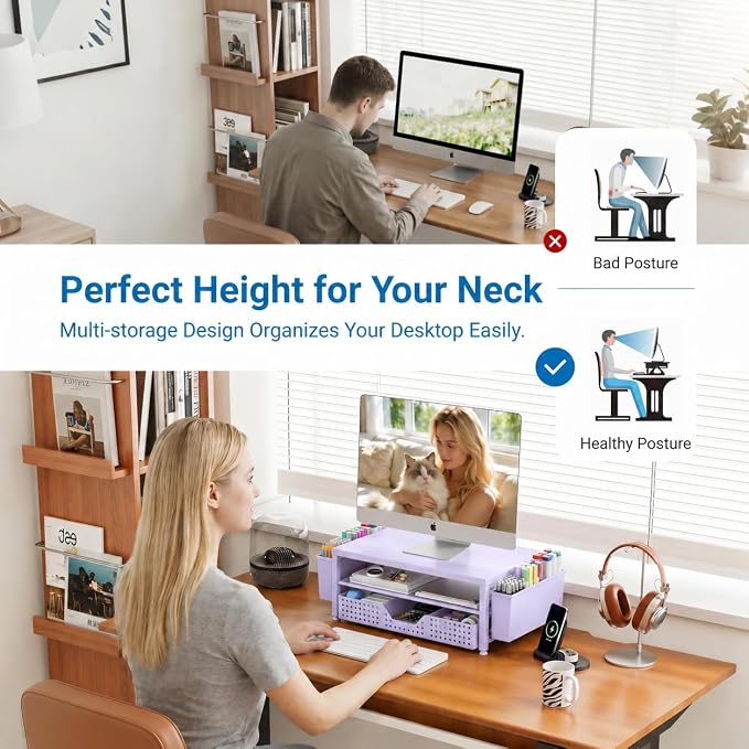 OPNICE Desk Organizers and Accessories, Computer Monitor Stand Riser with Drawer and 2 Pen Holders, Printer & Laptop Stand, Office Desk Accessories & Workspace Organizers for Home Office Supplies, Purple - Image 4