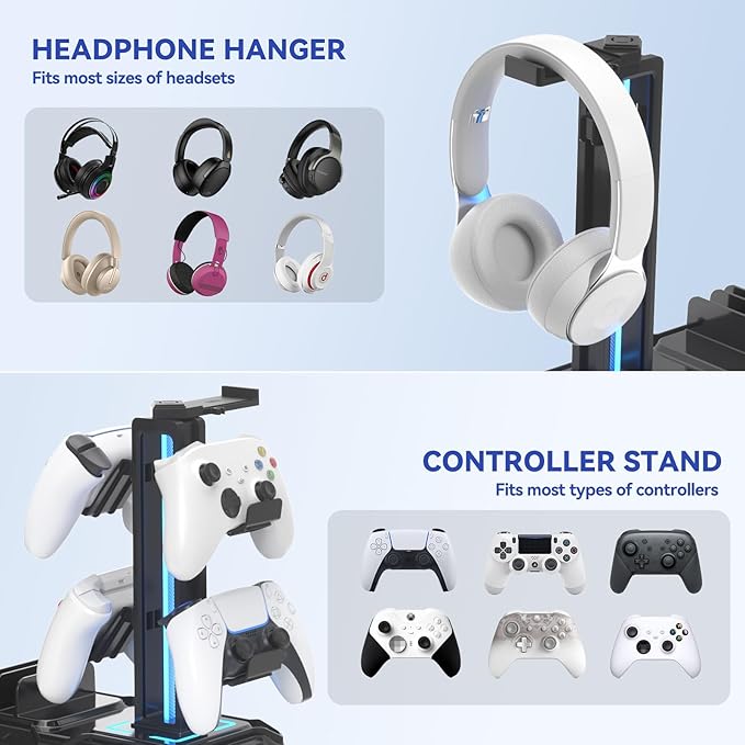 KDD Headphone Stand with USB A&C Charger Ports - RGB Controller Stand with Detachable Hooks - Rotatable Headset Hanger & Device Slot for Phones/Tablets - Drawer Storage Base for Gaming Desk Organizer - Image 5