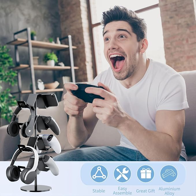 Controller Holder 4 Tier,Headphone Stand for Xbox PS5 PS4 | Classical "W" shape,Adjustable,Gamepads and headset storage,For Gamer,Black,Stable,Gaming gift - Image 6