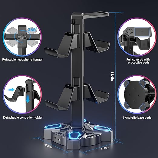 KDD Gaming Headphones Stand, Rotatable Headset Stand with Light Modes - Controller Holder with 2 USB Charging Ports and 3.5mm - Earphone Hanger Accessories for Desktop Gamer(Black) - Image 4
