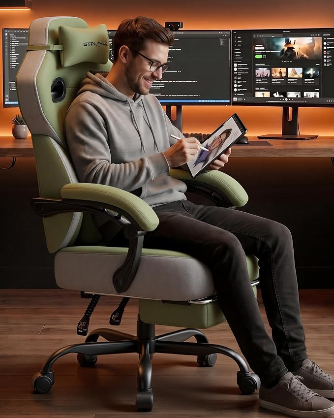 GTPLAYER Big & Tall Gaming Chair, Wide Seat with Footrest, Green | Ergonomic High Back Computer Desk Chair for Adults, Comfort Padded Seat with Lumbar Support Armrests Recliner for Office/Home - Image 2
