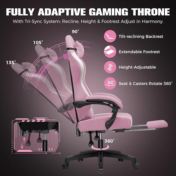 GTPLAYER Gaming Chair, Ergonomic Computer Chair with Footrest and Lumbar Support, High Back Recliner Chair 350lbs, Height Adjustable for Home Office, Pink - Image 4