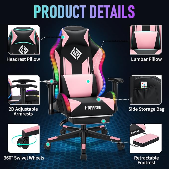 HOFFREE RGB Gaming Chair for Kids LED Computer Chair 155°Recliner-Pink | PC Game Chair with Lights Gamer Chair for Boys Teens 8-15 Video Game Chairs with Footrest and Lumbar Support Racing Style - Image 9