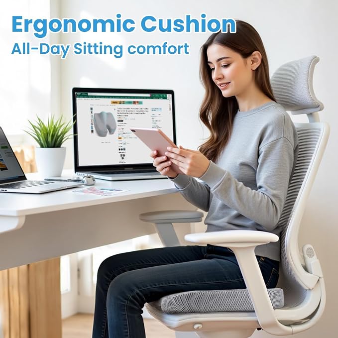 TushGuard Memory Foam Office Chair Seat Cushion - Light Grey, X-Large | for Car Seat, Airplane, Desk Chair - Sciatica & Hip & Coccyx Pain Relief Cushion for Long Sitting Office Workers, Car Drivers - Image 7