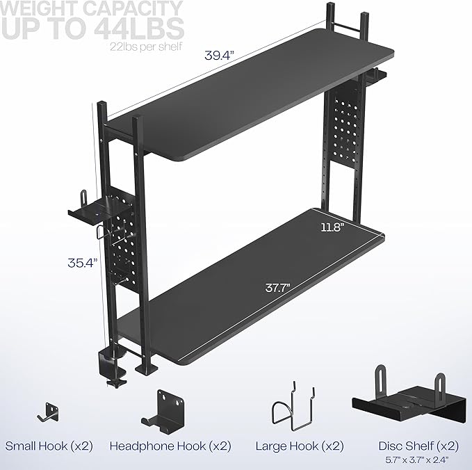 VIVO Clamp-on 40 inch 2-Tier Shelving Unit with Pegboard for Table Accessories, Gaming Devices, and More, Desktop Organizer, Black, DESK-SHELF40G - Image 3