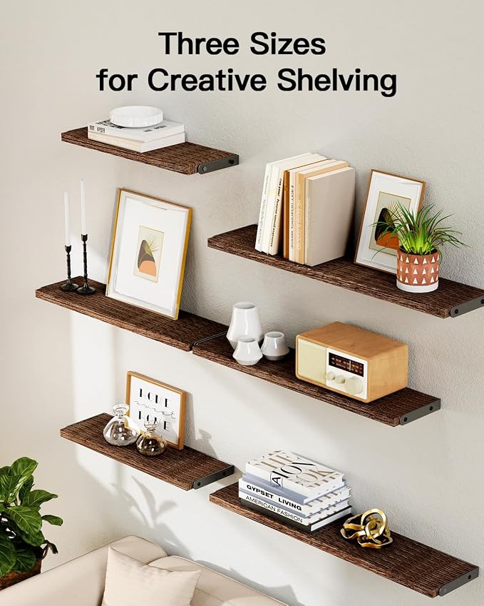 Amada Solid Paulownia Wood Wall Shelves, Large Size, 6 Pcs, Brown - Image 4