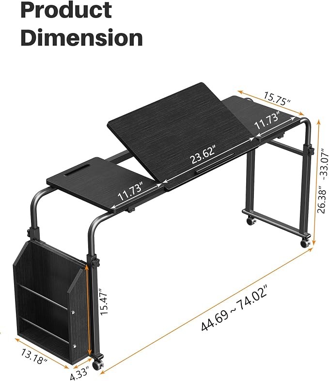 Laptop Desk for Bed,6-Angle Adjustable Overbed Table with Wheels,Adjustable Height and Length Bed Table for Laptop with Side Bookshelf,Standing Desk,Over Bed Desk for Working Hospital Home (Black) - Image 2
