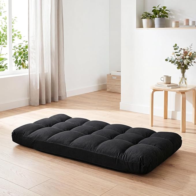Giantex Adjustable Floor Gaming Sofa Chair 14-Position Cushioned Folding Lazy Recliner High Resilience Sponge, Breathable Cotton & Linen Fabric Sleeper Bed Couch Recliner (Black) - Image 9