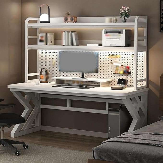 Computer Desk with Pegboard, Gaming Desk with Storage Shelves, PC Gamer Workstation Desk, Modern Study Writing Table for Home Office Bedroom (White, 55.1in/140cm) by Unknown