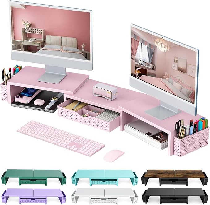 gianotter Dual Monitor Stand Riser With Drawer and 2 Pen Holders | Computer Monitor Stand Desk Organizer and Accessories Desk Shelf for Top of Desk (Pink) by gianotter