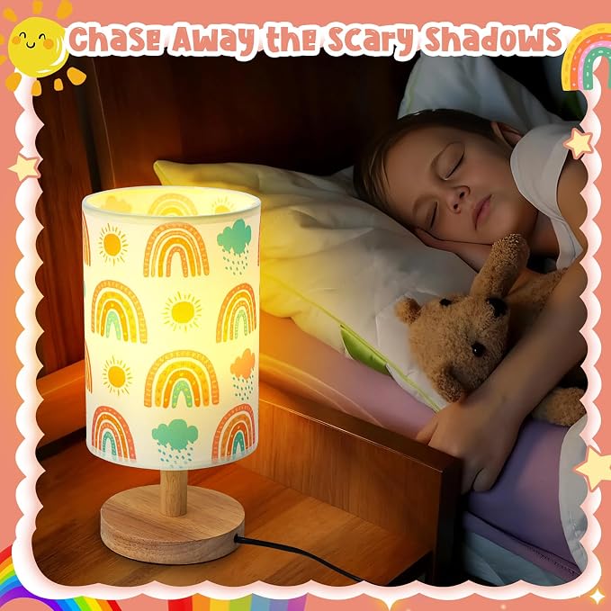 Rainbow Table Lamp for Kids Bedroom - Boho Rainbow Kids Bedside Lamp with Linen Wooden Nightstand Cartoon Nursery Lampshade for Girls Room Decor - Image 3