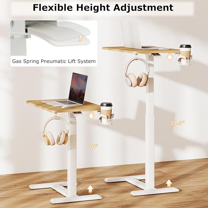 Tangkula Mobile Standing Desk, Pneumatic Height Adjustable Rolling Desk with Cup Holder & Headphone Hook, Overbed Table with Hidden Wheels, Laptop Computer Cart for Couch, Home, Office (Natural) - Image 7