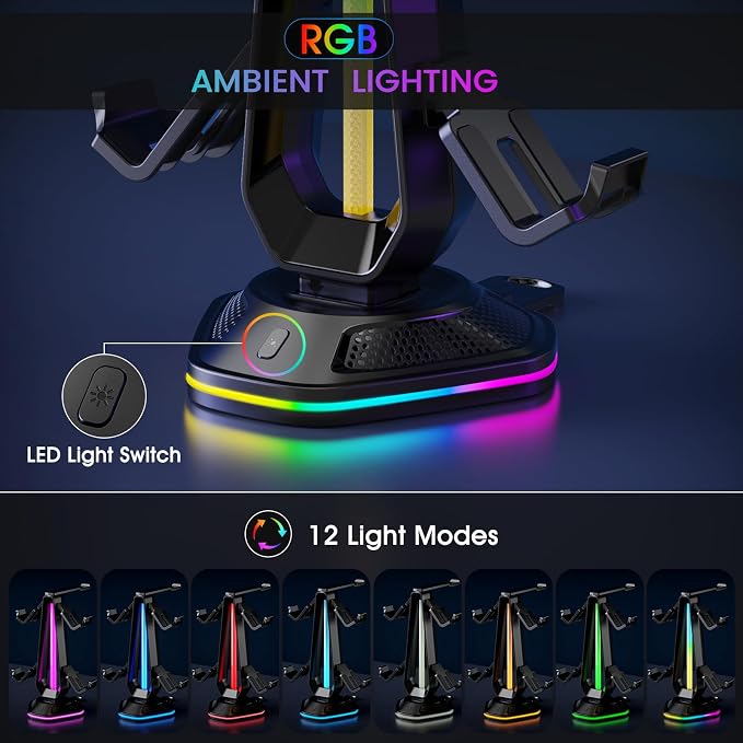 Luckit Gaming Headphones Stand, RGB Headset Stand with 12 Light Modes, Controller Holder with 2 USB Charging Ports - Supports Data Transfer, Earphone Hanger Accessories for Desktop Gamer - Image 3