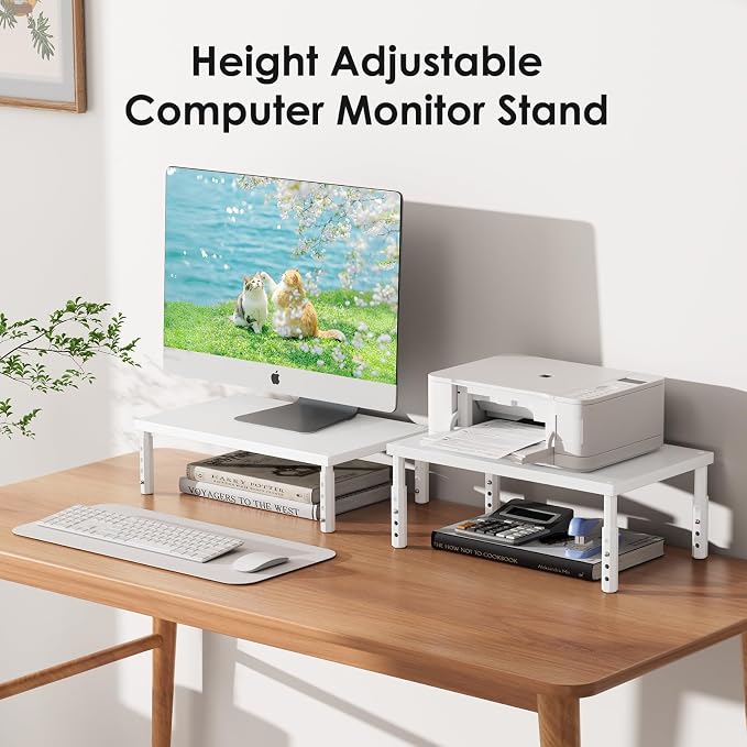 ECOLOVI Adjustable Wood Computer Monitor Stand Riser, Office Desk Organizer and Accessories for Monitor, Laptop, PC, Printer, Office Desk Accessories Workspace Organizer for Home Office Supplies, White - Image 7