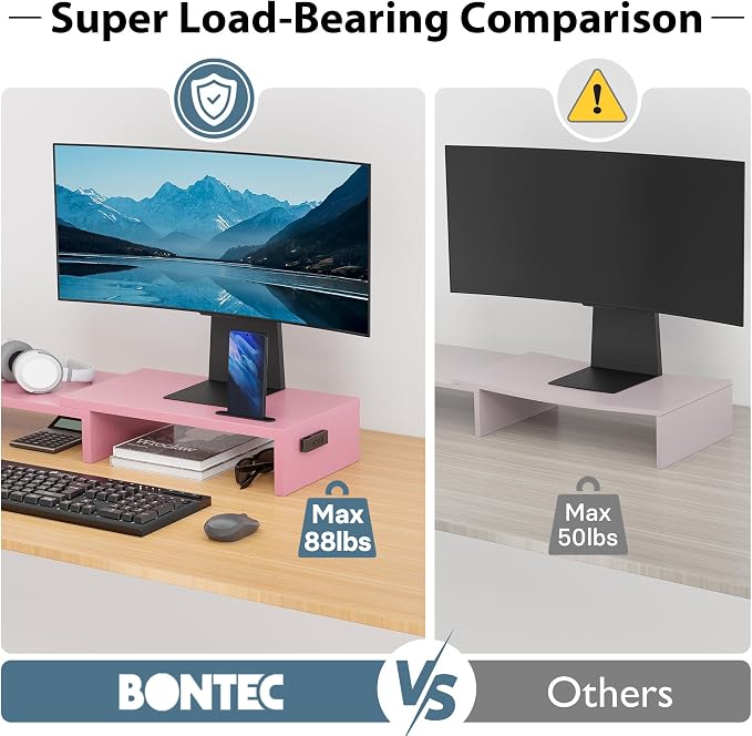 BONTEC Dual Monitor Stand Riser, Adjustable Length & Swivel Angle, Pink | Ergonomic Wooden Desktop Organizer with Smartphone Holder, Computer Monitor Stand for PC, Laptop,Printer and Large Storage - Image 5