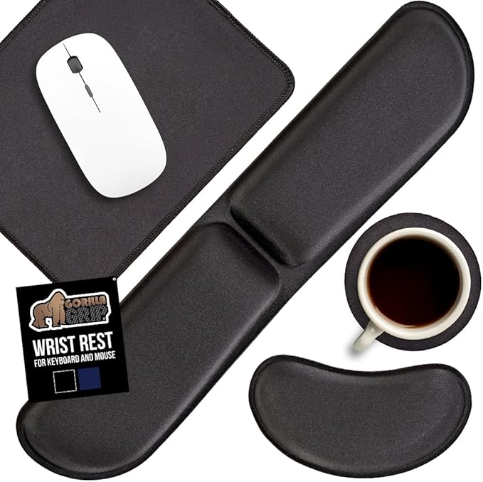 GORILLA GRIP Silky Memory Foam Keyboard Wrist Rest and Mouse Pad for Computer, Ergonomic Typing Support, Desk Office Supplies and Gaming Accessories, Hand & Arm Mousepad Cushions and Coaster Set Black by Unknown