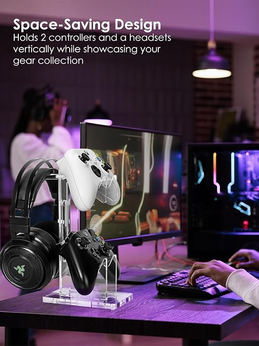OAPRIRE Acrylic Game Controller Stand for Desk, 2 Tier, Stabilized Base | Controller and Headset Stand, Gamer Gift for PS5 PS4 Xbox Controllers, Desk Accessories, Quick Desk Tidy In Seconds, Clear - Image 2