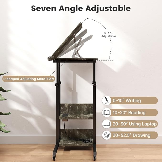 Hadulcet Adjustable C Table with Charging Station, Tiltable Desk C Shaped End Table for Couch, Over Bed Table with Wheels Adjustable Height, Laptop Stand Drawing Desk, Marble Grey - Image 6