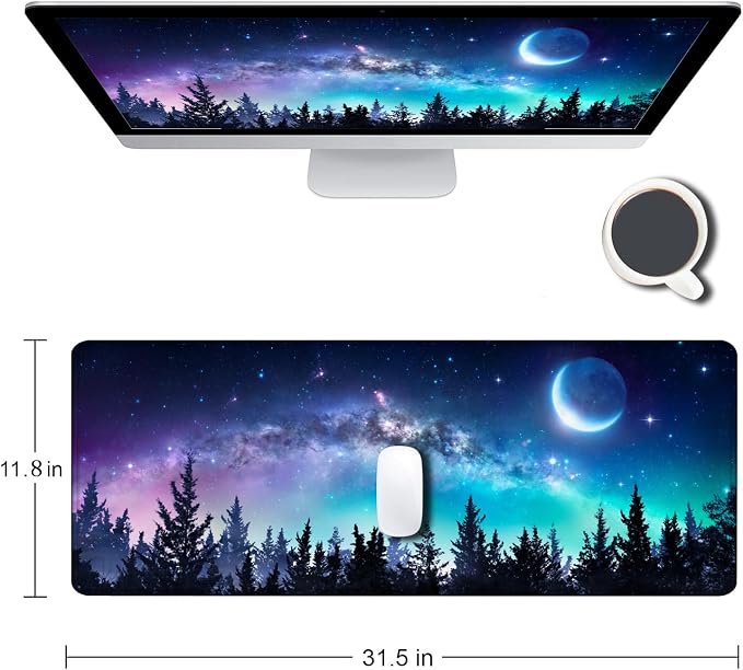 Gaming Large Mouse Pad with Stitched Edges, Galaxy Desk Mat, Extended Keyboard Pad, Non-Slip Rubber Base Desk Pad for Keyboard and Mouse, 31.5X11.8 inch, Moon Starry Sky - Image 2