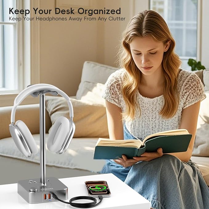 cozoo Headphone Stand with Charger, USB C, Gifts for Gamers Men, Gray | Gaming Headset Stand Holder for Desk, 3 USB(1 USB C) and 2 AC Outlets Charging Ports, Headphone Hanger, Gamer Gifts for Men - Image 2