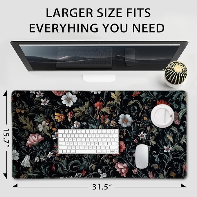 Dark Floral Pattern Large Gaming Mouse Pad Desk Mat 31.5"x15.7" | Extended Mousepad, Non-Slip Rubber Base , Stitched Edges, for Computer/Laptop/Office/Home - Image 4