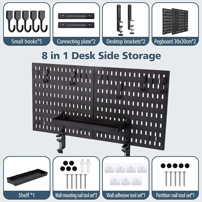 Gaming Desk Organizer Clamp-on Pegboard No Drill Storage | clamp-on desk pegboard organizer, no drill installation, 23x12 inch panel, hooks and tray, headphone controller - Image 4