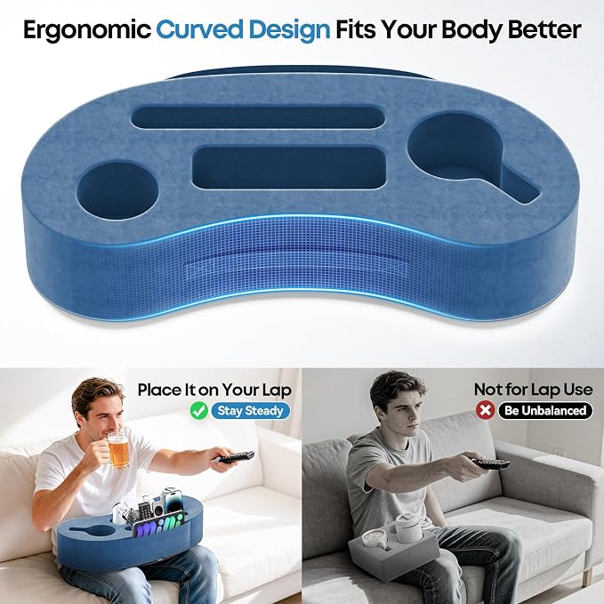 Couch Cup Holder Pillow, 20"x9" Couch Caddy Organizer, Sofa Cup Holder for Bed, Large Size Cup Cozy Pillow for Remote, Drink, Snack, Phone, Game Controller, Kindle, Washable, Blue - Image 3