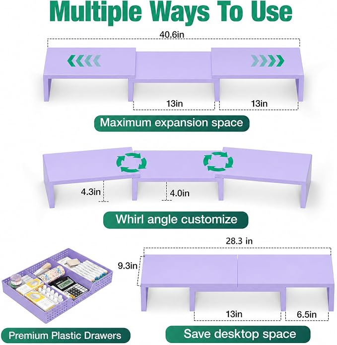 OPNICE Dual Computer Monitor Stand Riser, Desk Organizer with Drawer, Office Desk Accessories & Workspace Organizers for Home Office Supplies, Purple - Image 7