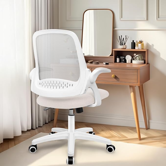 NEO CHAIR Office Desk Chair, Ergonomic Mesh with Flip-Up Armrests, Ivory | Lumbar Support, Height Adjustment, 360° Swivel and Rolling Base, Space-Saving Design for Home Office, Vanity or Study - Image 8