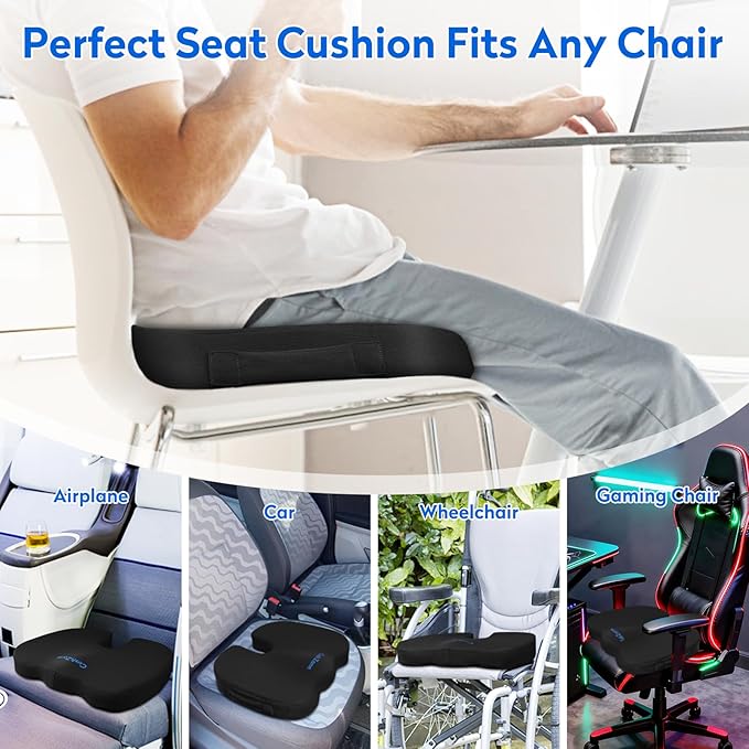 CushZone XL Memory Foam Seat Cushion for Office, Car & Wheelchair, Black | U-shaped Coccyx Cutout, Contoured Design, Breathable Removable Mesh Cover, Non-Slip Base, Carry Handle - Image 5