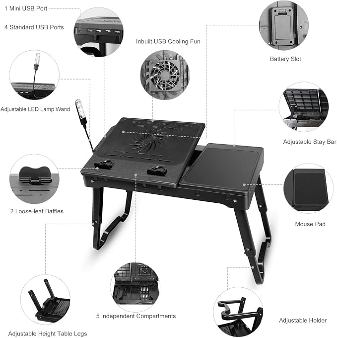 TeqHome Laptop Desk for Bed, Adjustable Table with Fan, Portable Lap Desk, Foldable Legs, Stand for Couch Sofa, Tray with LED Light, 4 USB Ports, Storage, Mouse Pad - Image 8