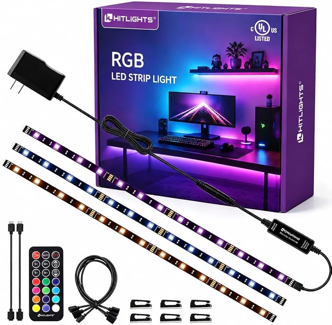 Hitlights LED Strip Lights 3 Pcs 1.64FT RGB Small LED Light Strips Kit Dimmable RGB 5050 Color Changing Tape Lights TV Backlight Display Case Lights Shelves Lighting with RF Remote & UL-Listed Adapter by HitLights