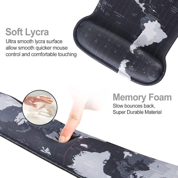 ToLuLu Keyboard Wrist Rest Pad Ergonomic Mouse Pad Set, Mouse Pad for Computer Laptop, Non Slip Mousepad Keyboard Wrist Support with Raised Memory Foam for Easy Typing Pain Relief, Cool World Map - Image 3