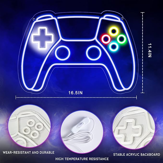 Gamer Neon Sign, Gamepad Shaped LED Neon Sign for Gamer Room Decor, Gaming Neon Sign for Boys Room Decor, Neon Gaming Sign for Gaming Wall Decor, USB Powered Gamer Gifts for Teens, Boys, Kids - Image 2