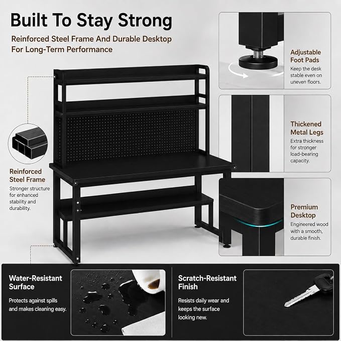40 Inch Gaming Computer Desk with Built-in Power Outlet & LED Lights | Home Office Desk with Hutch, Pegboard & Storage Shelves | Space-Saving Workstation (Black) - Image 4