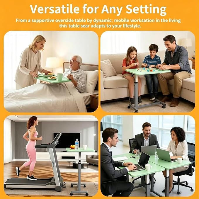 Adjustable Overbed Table with Wheels, Pneumatic Height Lift Rolling Bedside Table, Standing Desk for Home & Office Use, Ideal for Seniors & Limited Mobility (Light Green) - Image 7