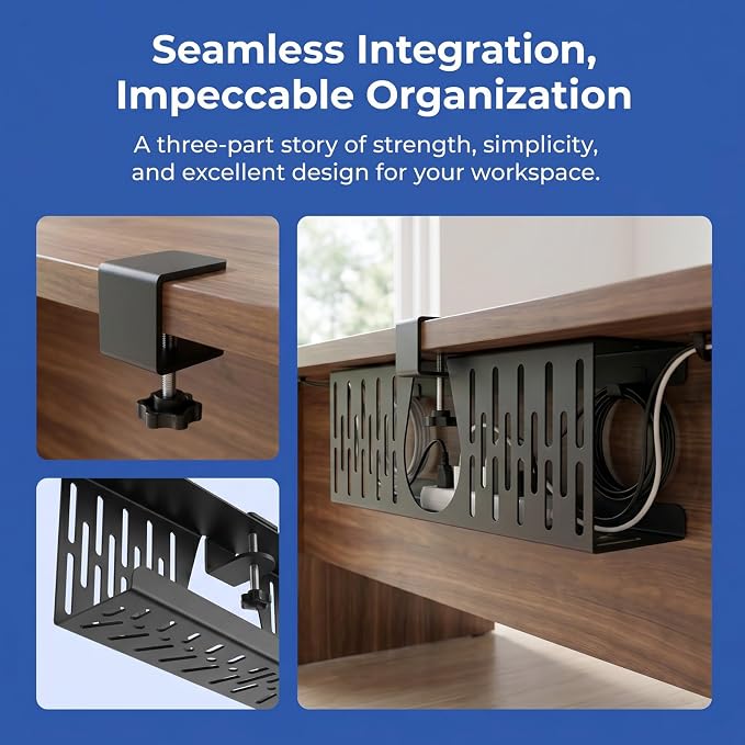 Under Desk Cable Management Tray, Cord Organizer for Desk Cable Management Tray Under Desk with Clamp for Home Office, Standing Desk(1Pack，Black) - Image 7