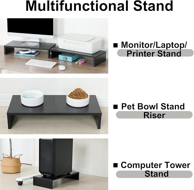 TEAMIX 2-Pack Monitor Stand Riser 20 inch, Wood Desk Computer Shelf, Black | For 2 Monitors, Laptop, Printer, TV, PC Tower, Full Keyboard Storage Underneath, Desk Organizer for Home Office, Gaming Setup - Image 4